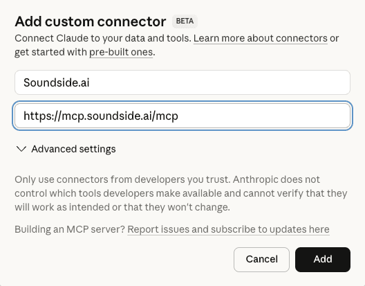 Add custom connector dialog showing Soundside.ai name and https://mcp.soundside.ai/mcp URL