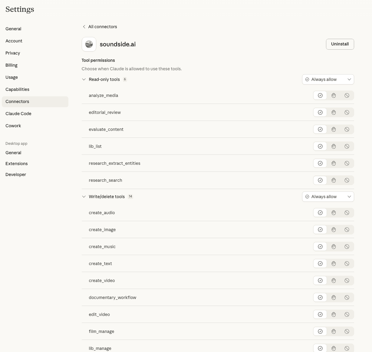 Soundside.ai connector detail page showing tool permission controls