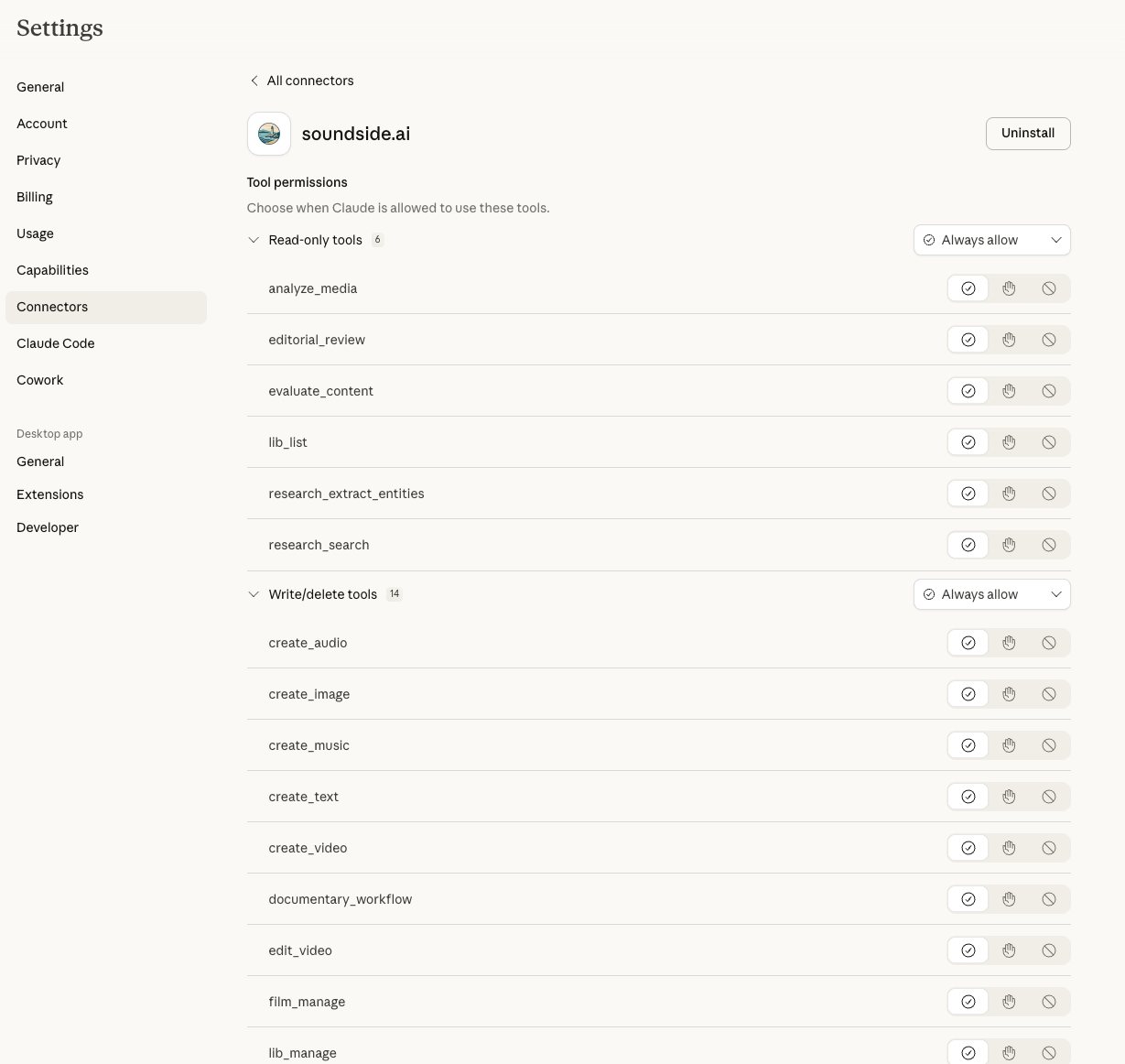 Soundside.ai connector detail page showing tool permission controls